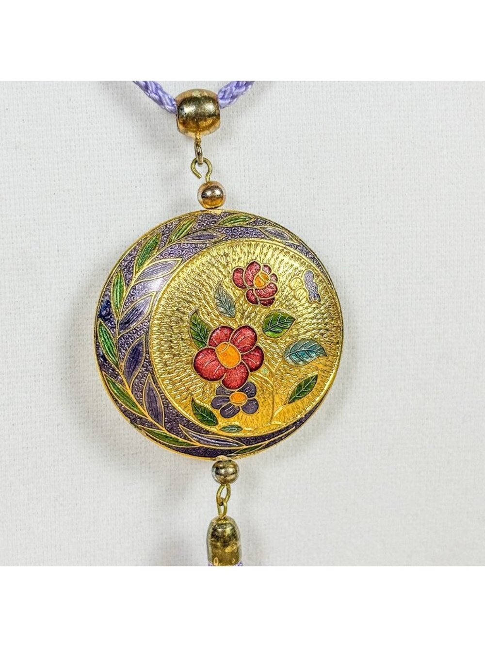 Vtg Purple Cloisonné Enamel Crescent Moon Floral Pendant Boho Fairycore C82